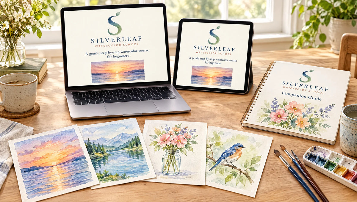 Beginner Watercolor course lessons shown on a laptop, tablet and phone